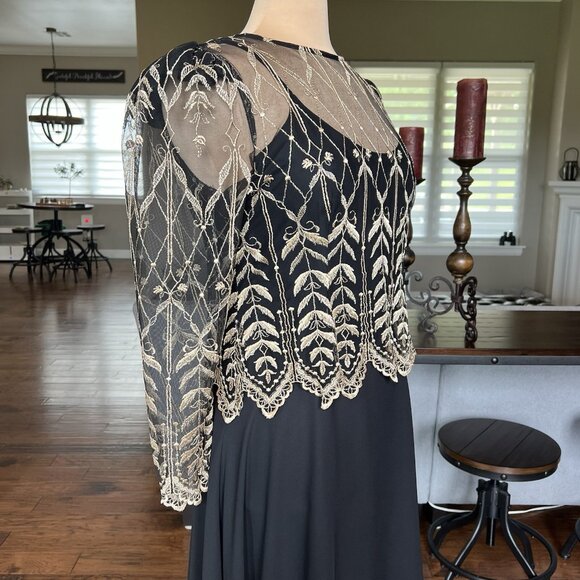 Vtg Cachet by Bari Protas Black Evening Gown Size 11/12 Gold Embroidered Sheer - Picture 10 of 16